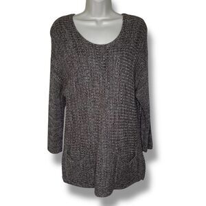 Chicos Brown Marled Sweater Scoop Neck Drop Shoulder Hip Pockets Women Medium